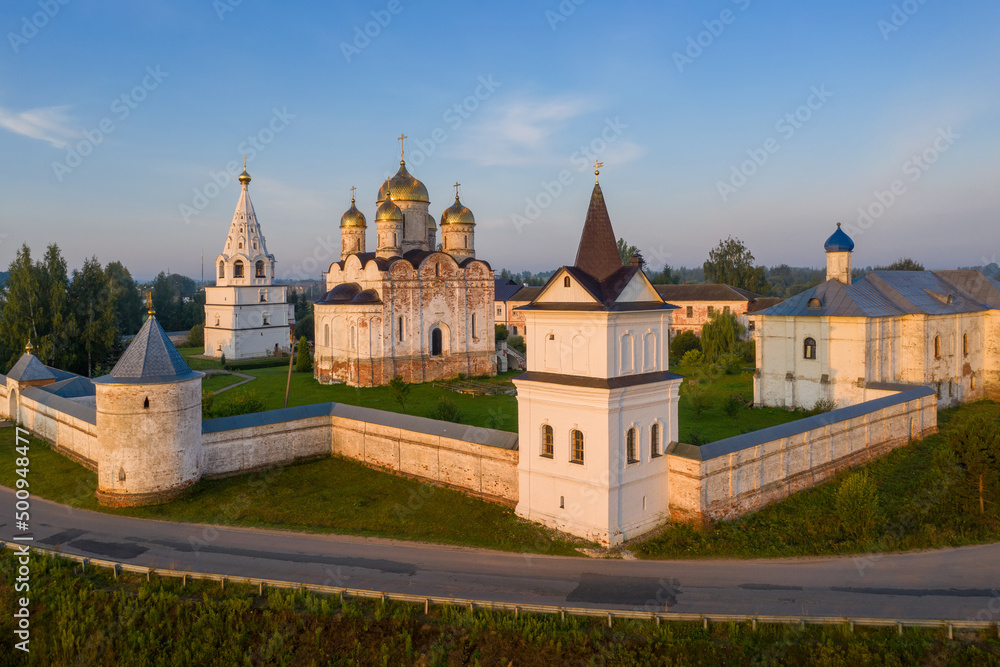View of Luzhetsky Monastery on summer sunrise. Mozhaysk, Moscow Oblast, Russia.