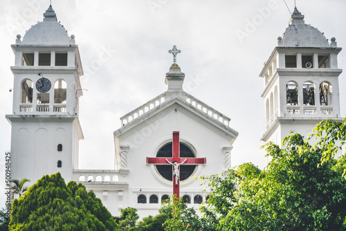 Juayua, El Salvador - January 29, 2022: Church in Juayua, el Salvador, known for its Black Christ photo