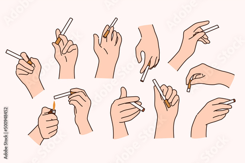 Set of people hands with cigarette. Collection of smoker bad habit. Concept of unhealthy lifestyle and addiction. Smoking life. Flat vector illustration. 