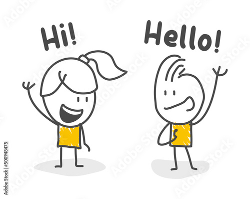 Stick figures. Man and woman waving for welcome. Vector.