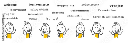 Stick figures. Welcome in various world languages. Text welcome. Vector.