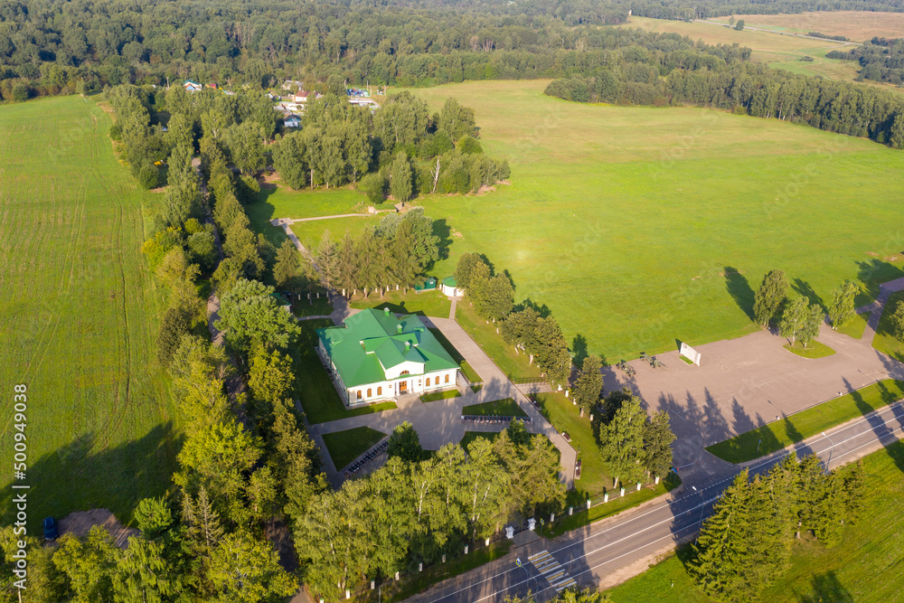 Drone view of Borodino Museum on sunny summer day. Borodinsky Museum village, Moscow Oblast, Russia.