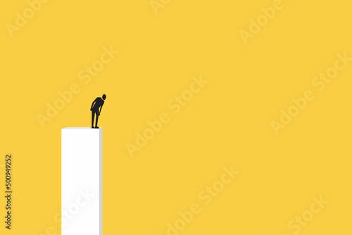 businessman on top of tall green bar graph looking down. Business crisis, depression or burnout syndrome vector concept. Symbol of stress, recession,