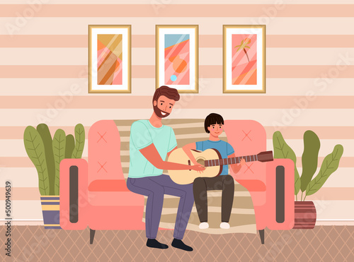 Father with child holding musical instrument. Dad teaches his little son to play guitar. Parent and kid happy together at home. Musician teaches child to make music. Family spends time with music