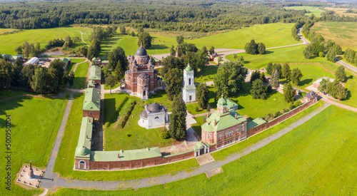 Wide angle aerial view of Spaso-Borodinsky Monastery on sunny summer day. Semenovskoye village, Moscow Oblast, Russia. photo