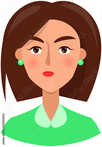 Negative person frowning face upset woman. Girl with emotion of indignation, calmness. Displeased face of female character. Unhappy lady vector illustration. Expressing human emotion, discontent