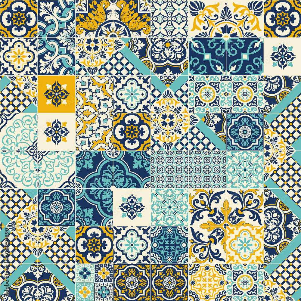 Geometric Azulejos ceramic tiles patchwork wallpaper abstract vector seamless pattern