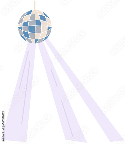 Lighting element for stage and discotheque. Mirror disco ball with bright light. Luminous decorative ball for dance floor in nightclub. Nightlife, dancing, entertainment, recreation concept