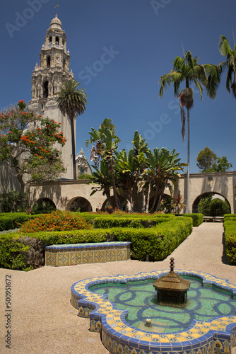 California Tower (San Diego Museum of man and Saint Francis Chapel bell tower) from the Alcazar Garden in Balboa Park