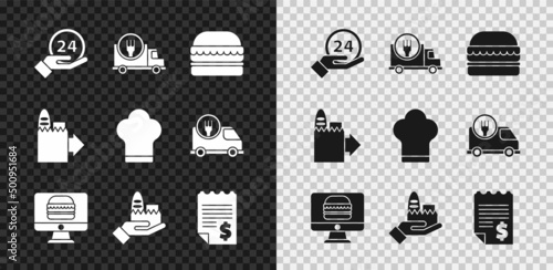 Set Clock 24 hours, Fast delivery by car, Burger, Online ordering and, Paper financial check, and Chef hat icon. Vector