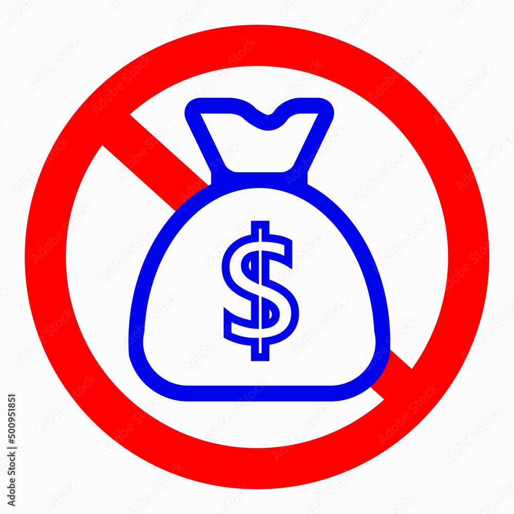 A bag of money in a red circle. No money icon. Poverty. Poverty. There is no wealth. Vector icon. A bag of money in a red circle. No money icon. Poverty. Poverty. There is no wealth. Vector icon.