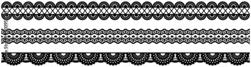 Set of wide lace ribbons with print. Black design elements isolated on white background. Seamless pattern for creating style of card with ornaments. Lace decoration template, ribbons for design