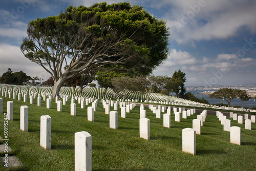 Panoramic view of the veterans Fort Rosecrans National Cemetery in the Naval Base Point Loma, San Diego