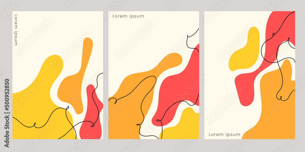 Set vector illustration of abstract liquid orange, yellow and red shape with curvy dark line, for wall decoration, flyer, banner, poster background