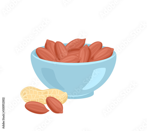 Peanut in blue bowl isolated on white. Vector flat illustration of nuts. Healthy food icon.