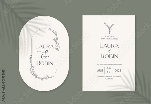 Vintage wedding invitation card set template with leaves and twigs. Double arch elegant shape.