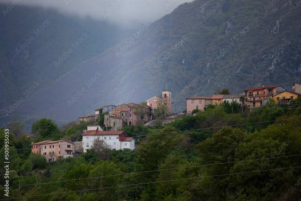 landscape of San Felice of Capriglia Irpina, Small village on the hill with Montevergine on the background in Avellino, Irpinia, Campania, Italy