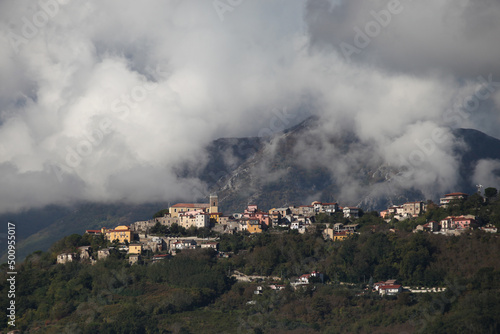 landscape of Montefredane Irpino. Small village on the hill with Montevergine on the background in Avellino, Irpinia, Campania, Italy