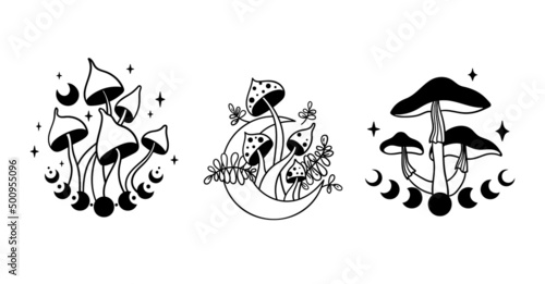 Mystical space mushroom and moon isolated clip art bundle, hand drawn line celestial mushrooms, moon and stars, witchy floral esoteric objects, - black and white vector