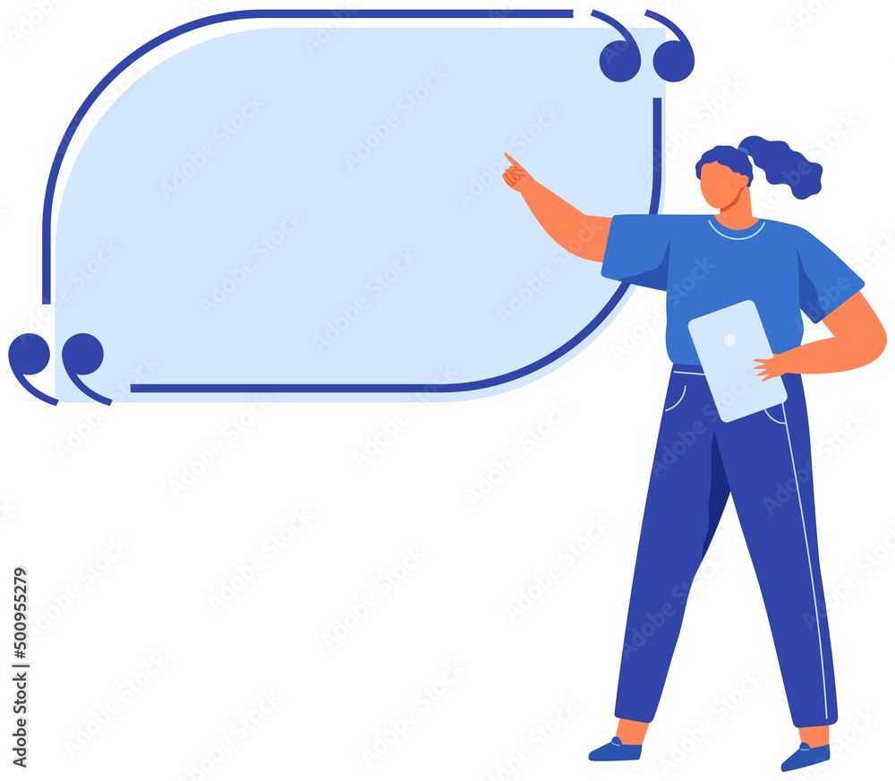 Woman points to huge speech bubble vector illustration. Communication, dialogue, conversation symbol. Free talk, colloquial speech concept. Lady says phrase, saying. Bubble for text with conversation