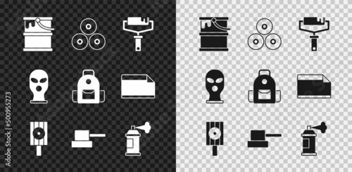 Set Paint bucket, spray can, roller brush, Spray nozzle cap, Balaclava and School backpack icon. Vector