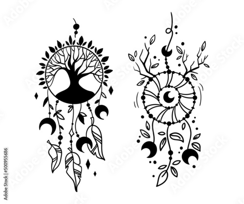 Canvas Print Hand drawn mystical Dreamcatcher isolated clip arts on white, black and white li