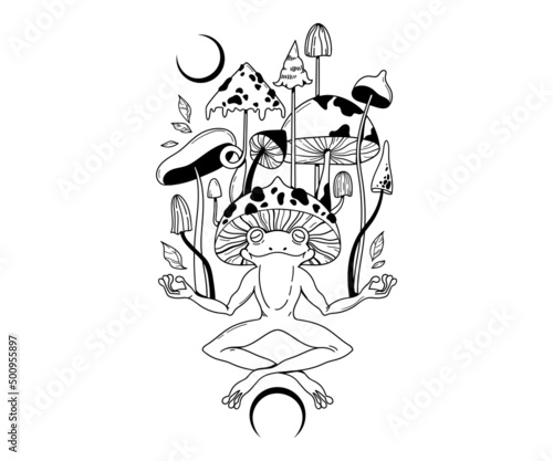Mystical meditating Frog and magic mushrooms isolated clip art, hand drawn mysterious composition with celestial toad and poisonous mushrooms on white
