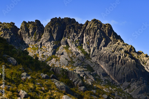 Pico das Agulhas Negras (2.791m), or Black Needles Peak, one of the highest in Brazil, towering above the boulder-filled high sector of Itatiaia National Park, Itatiaia, Rio de Janeiro, Brazil