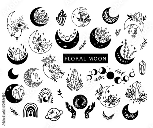 Mystical boho floral moon isolated cliparts bundle, celestial collection, moon and flowers set, magic line crescent moon, crystals bundle, esoteric objects - black and white vector