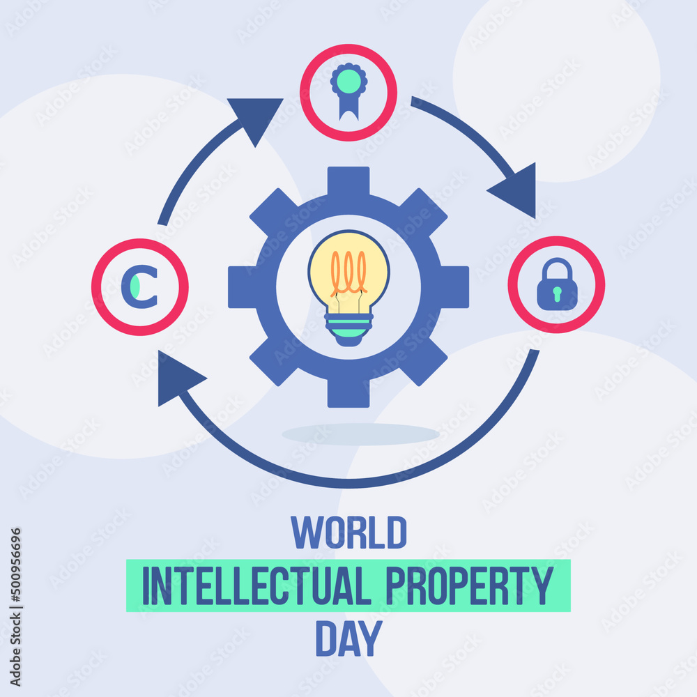 Vector illustration of bulb in gear with lock and patent icon, and property symbol. World Intellectual Property Day celebration background, banner, or poster. Vector illustration of bulb in gear with lock and patent icon, and property symbol. World Intellectual Property Day celebration background, banner, or poster.