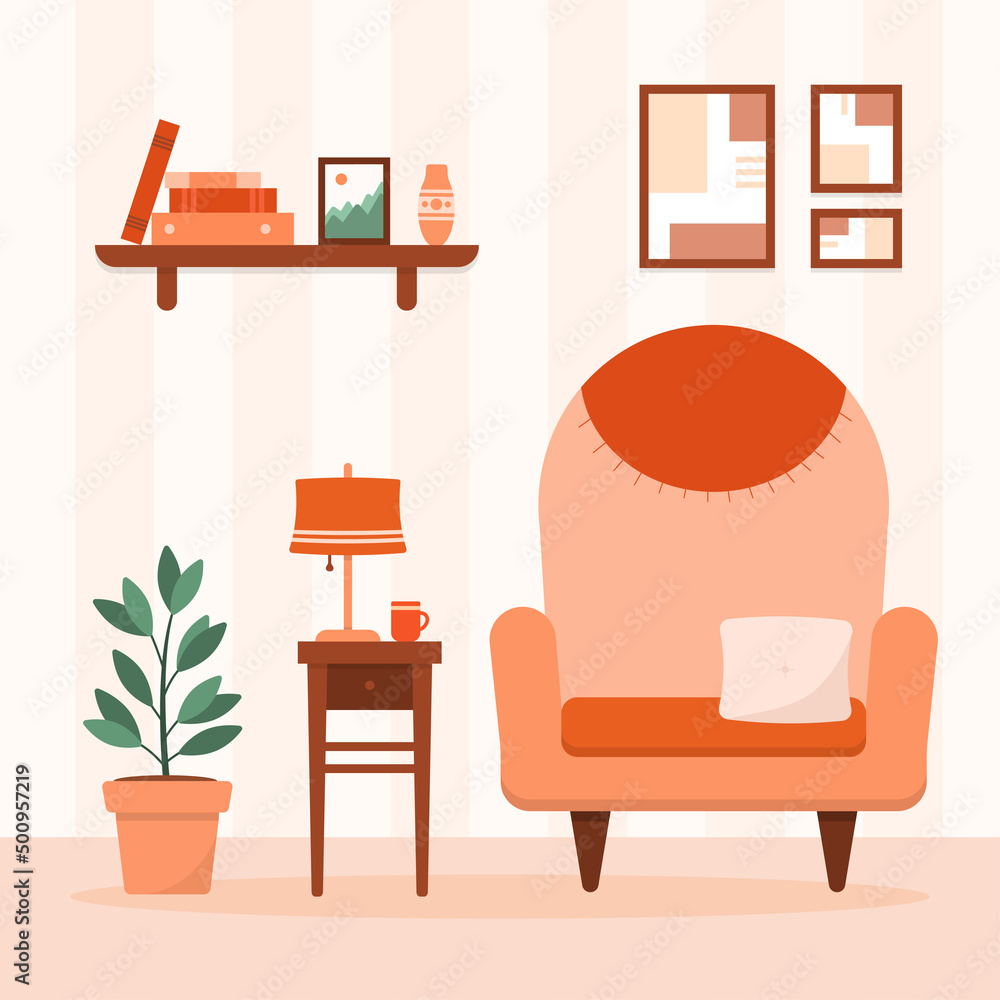 Cozy room with furniture in flat style. Living interior with armchair and table in the house. Cute vector illustration. Cozy room with furniture in flat style. Living interior with armchair and table in the house. Cute vector illustration.