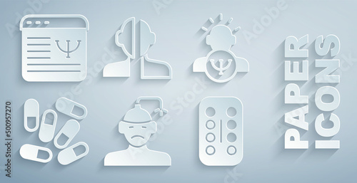 Set Concussion, headache, Psychology, Medicine pill or tablet, Sedative pills, Bipolar disorder and Online psychological counseling icon. Vector