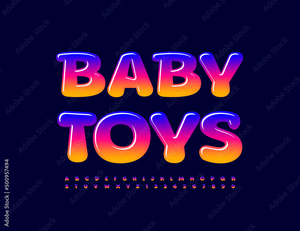 Vector bright Emblm Baby Toys. Colorful Glossy Font. Creative Alphabet Letters and Numbers