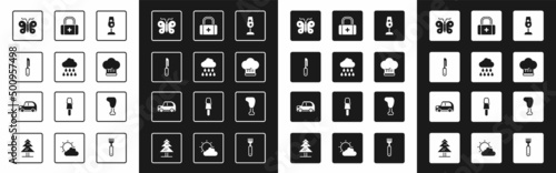 Set Wine glass, Cloud with rain, Knife, Butterfly, Chef hat, First aid kit, Chicken leg and Car icon. Vector