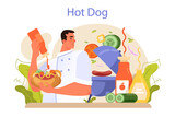 Hot dog. Unhealthy fast food cooking, american snack with ketchup