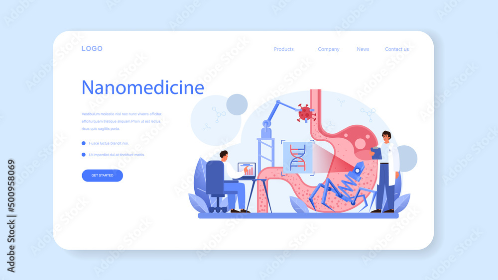 Nanomedic web banner or landing page. Doctors work with nanoparticle Nanomedic web banner or landing page. Doctors work with nanoparticle