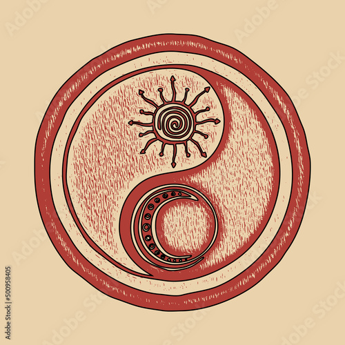 Yin Yang symbol. Culture and philosophy of the east, chinese taoism. Vector drawing in grunge style.