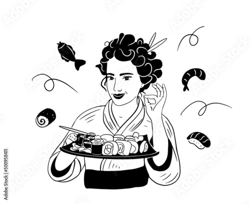 Beautiful Girl holding a plate of Japanese food. Japanese dish set .Restaurant business concept.Vector illustration.
