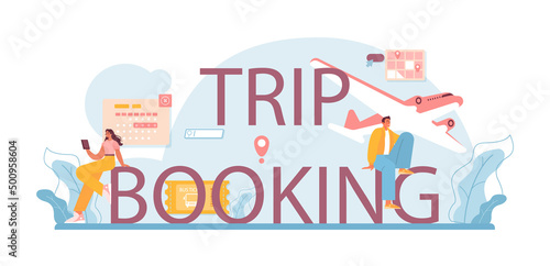 Trip booking typographic header. Buying a ticket for plane, bus or train