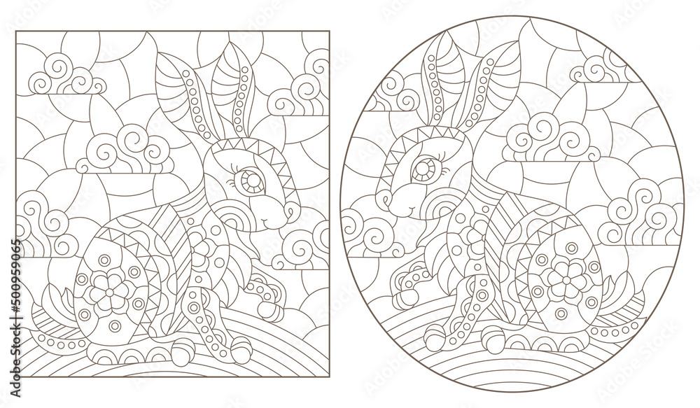 A set of contour illustrations in the style of stained glass with cute bunnies, dark contours on a white background