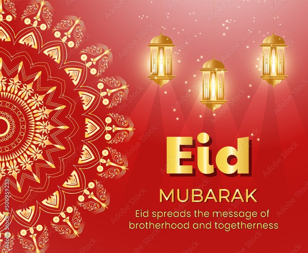 Eid Mubarak red background design with shiny golden lanterns and mandala. Can be used on social media, web or as a poster, gift cover, banner and flyer.