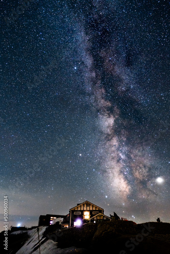 Milky way rising over the Tsubakuro Alpine Hut 