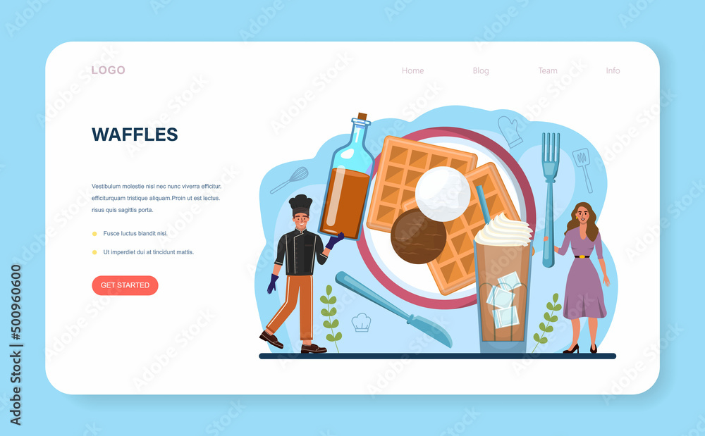 Waffles web banner or landing page. Sweet Belgian pastries with cream Waffles web banner or landing page. Sweet Belgian pastries with cream
