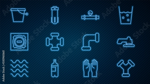 Set line Industry metallic pipe, Water tap, and manometer, Manhole sewer cover, Bucket, and filter icon. Vector