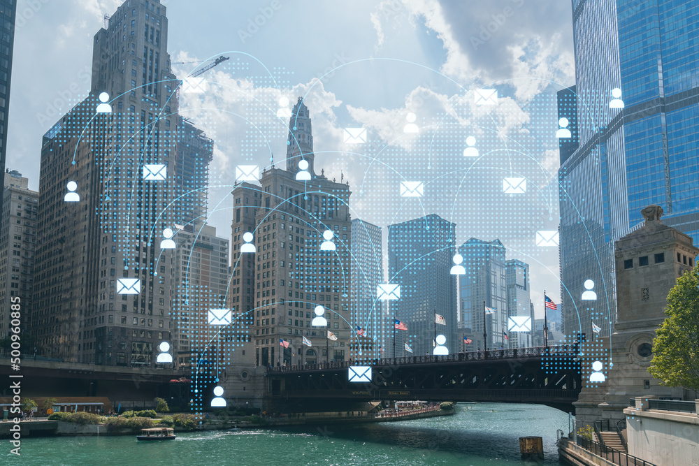 Fototapeta premium Panorama cityscape of Chicago downtown and Riverwalk, boardwalk with bridges at day time, Illinois, USA. Social media hologram. Concept of networking and establishing new people connections