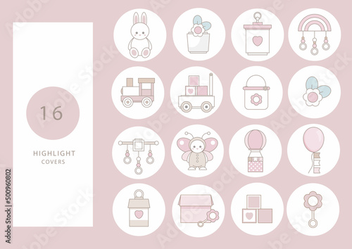 Highlight covers backgrounds. Icons of baby items