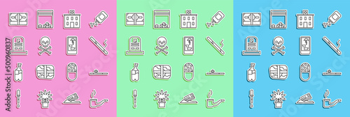 Set line Smoking pipe, Opium, Cigarette, Medical hospital building, Skull on crossbones, Tombstone with RIP written, Stacks paper money cash and Buying drugs online phone icon. Vector