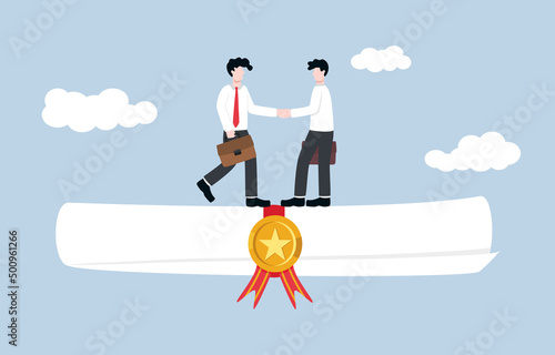 Having job certificate help to gain new contract 
more easily, work experience for trust in assigned task, cooperation concept. Experienced businessman handsake client on big job certificate.