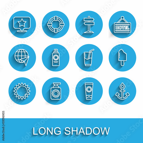 Set line Sun, Sunscreen spray bottle, Map pointer with star, cream tube, Anchor, Ice and Cocktail and alcohol drink icon. Vector
