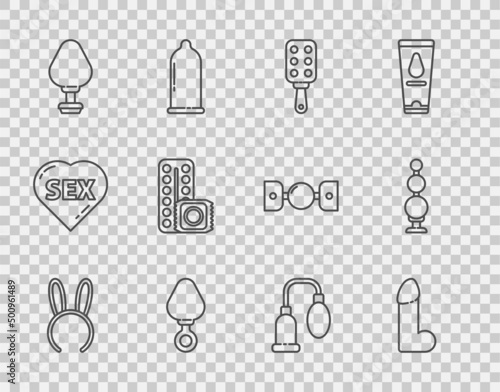 Set line Mask with long bunny ears, Dildo vibrator, Spanking paddle, Anal plug, Birth control pills and condom, Penis pump and beads icon. Vector